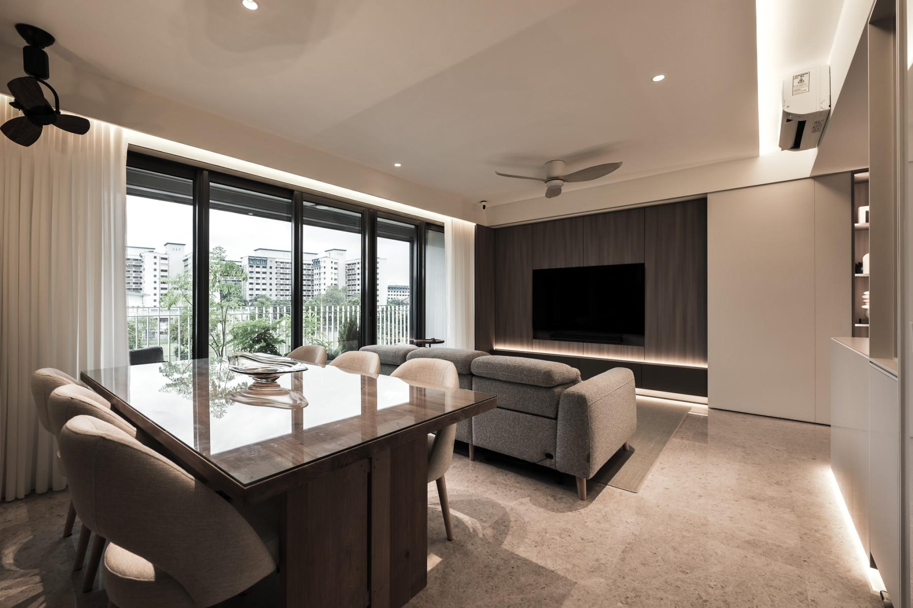 Modern Living Room with Lighting and Blinds