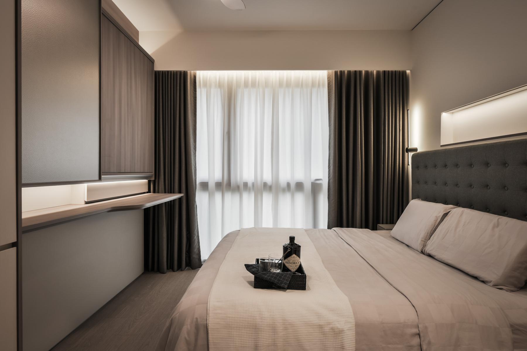 Modern Bedroom with Bay Window and Ceiling Light