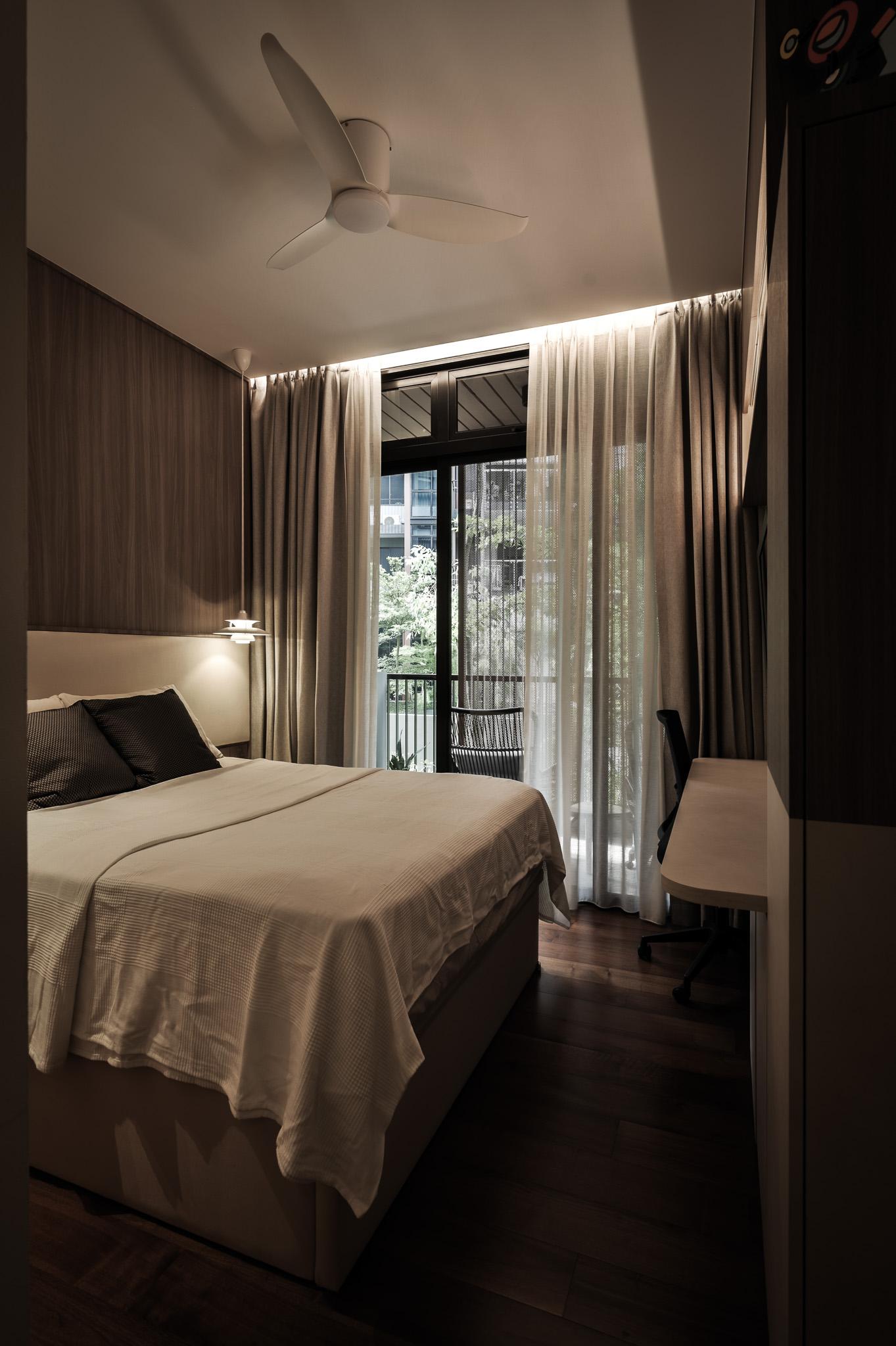 Modern Bedroom with Wood Flooring and Cove Lighting