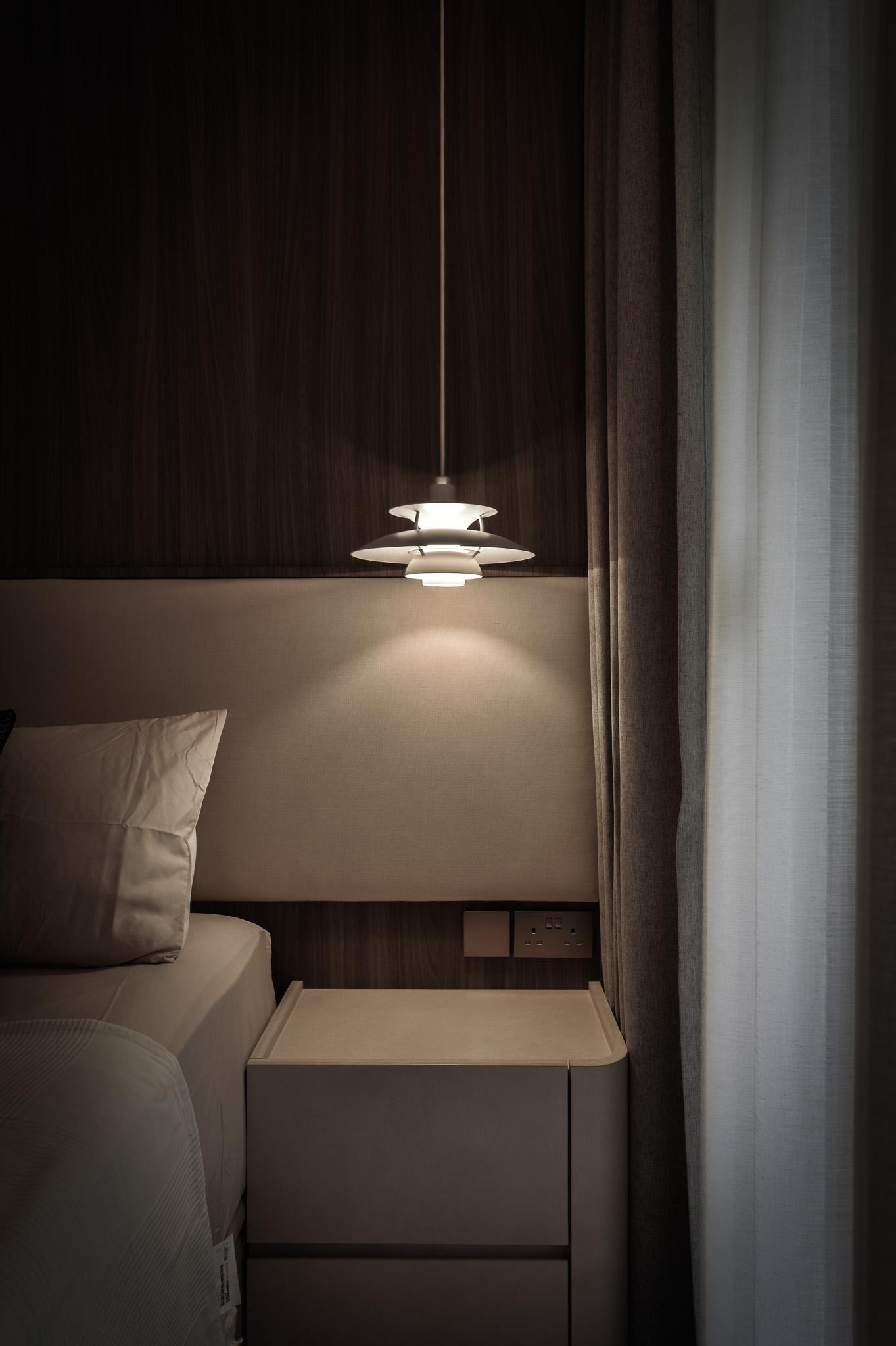 Modern Bedroom with Drop Light and Roller Blinds