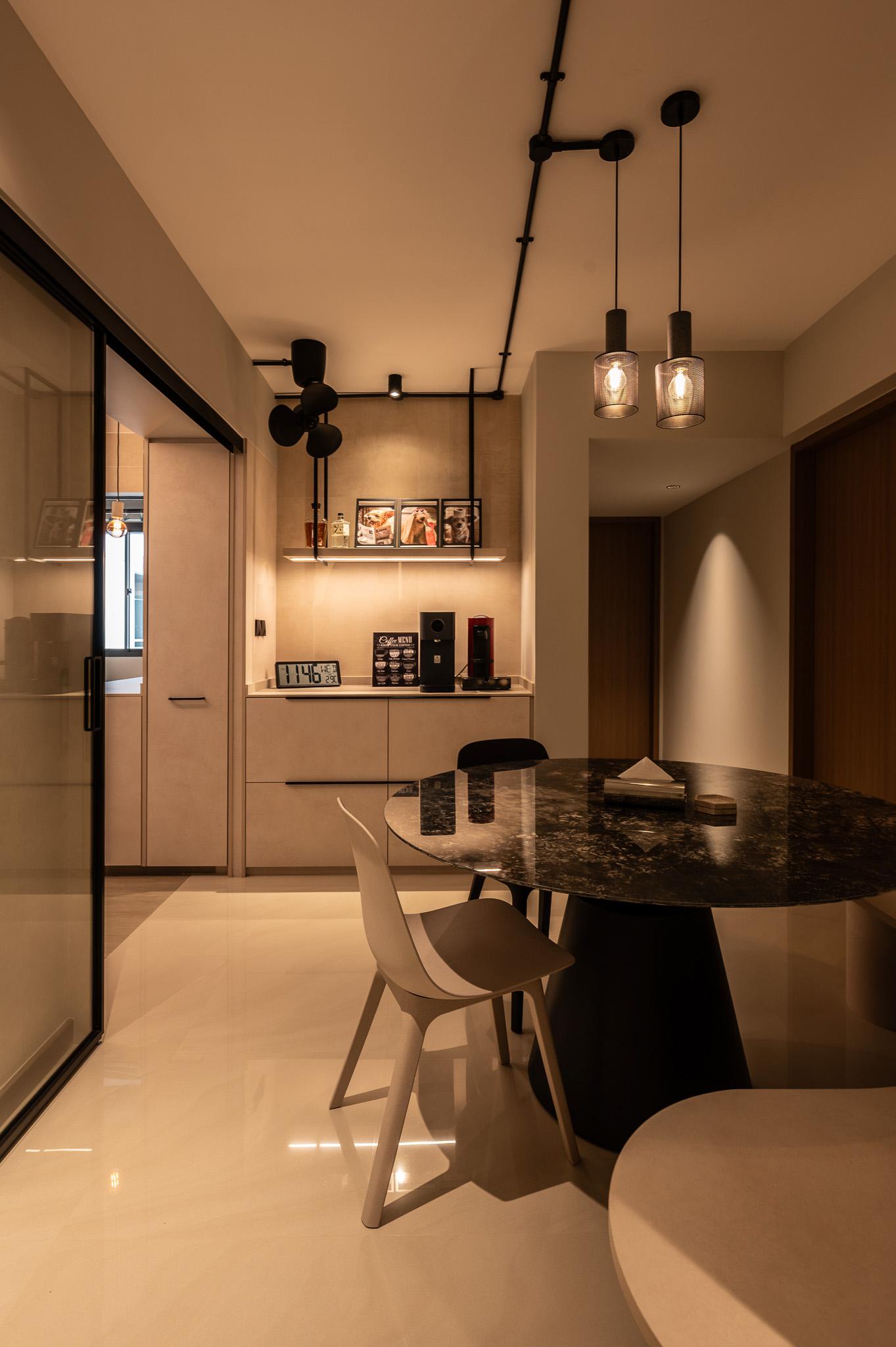 Modern Dining Room with Chandelier and Downlights