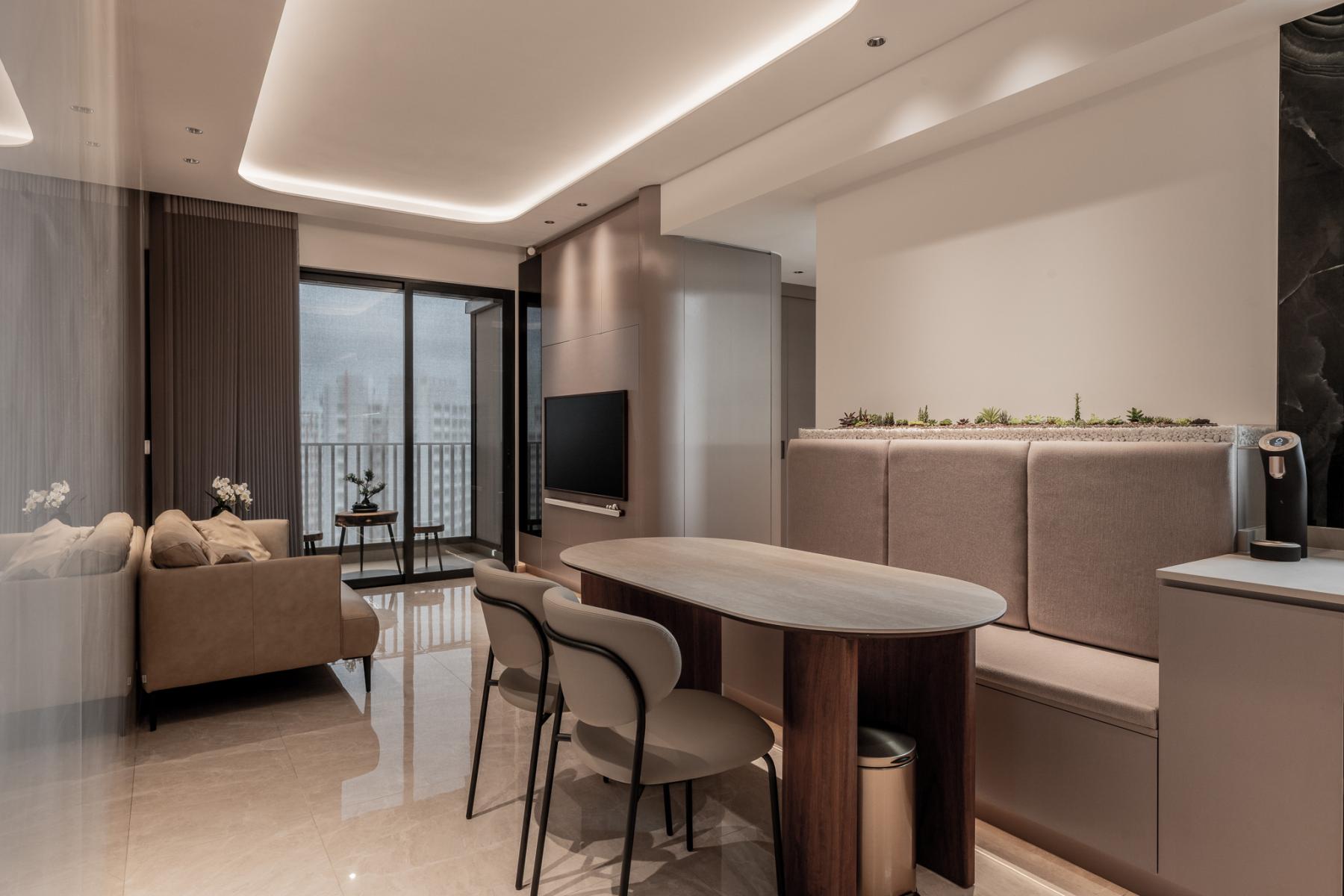 Minimalist Dining Room with Stools and Lighting