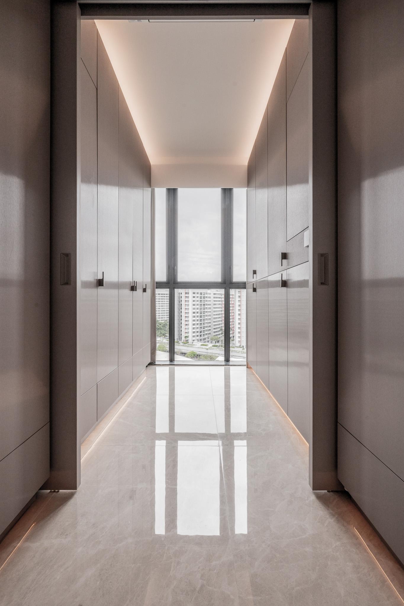 Minimalist Hallway with Bay Window and Artwork