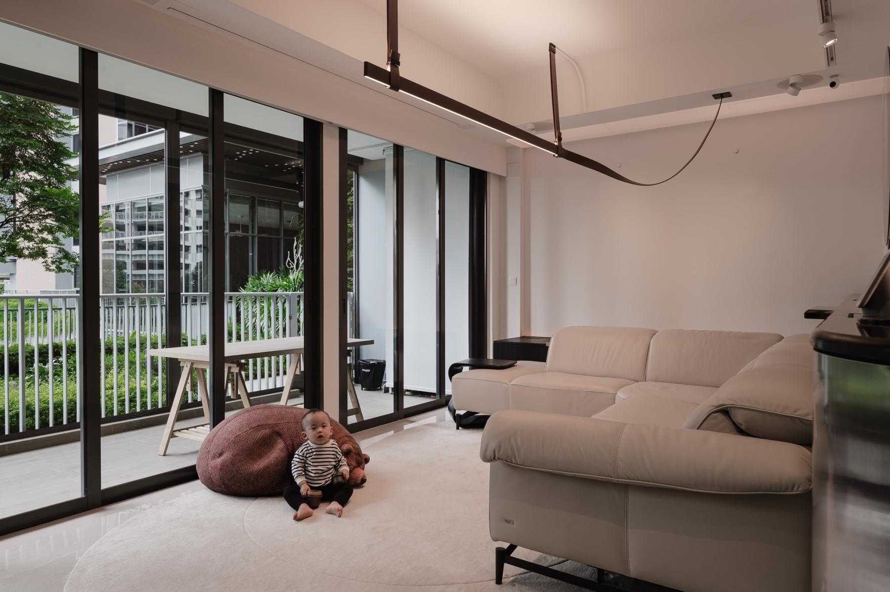 Industrial Living Room with Bay Window and Carpet