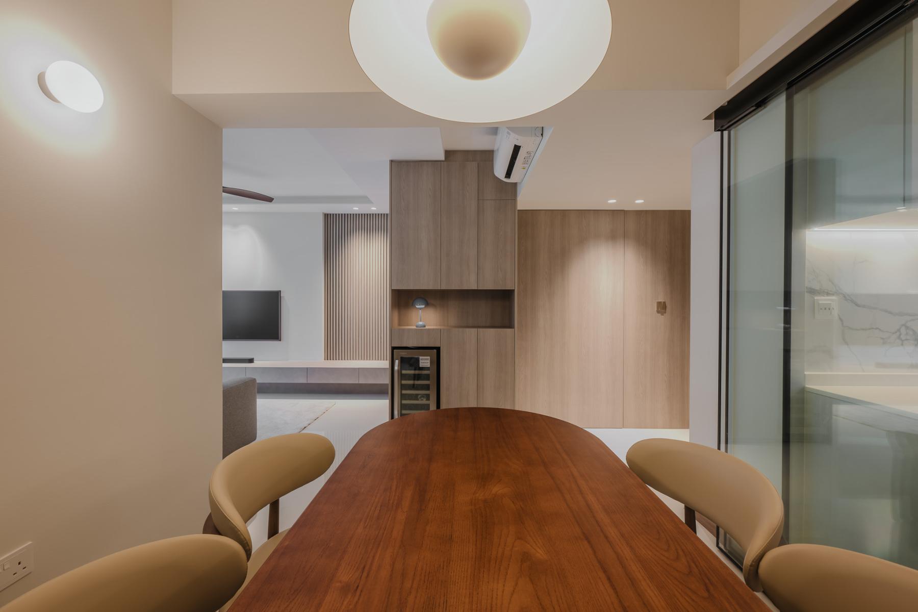 Modern Dining Room with Stools and Lighting
