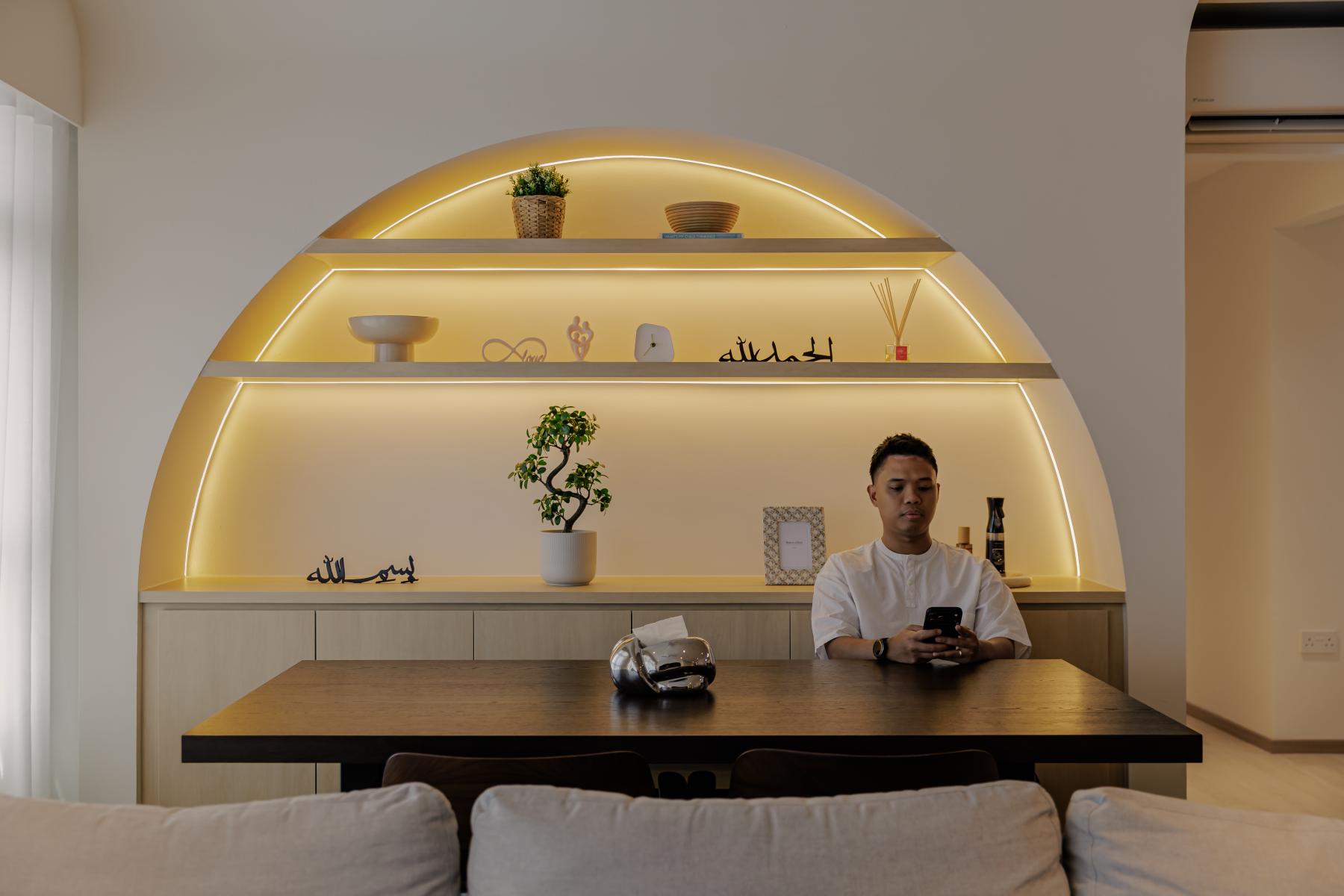 Minimalist Dining Room with Drop Light and Cove Lighting