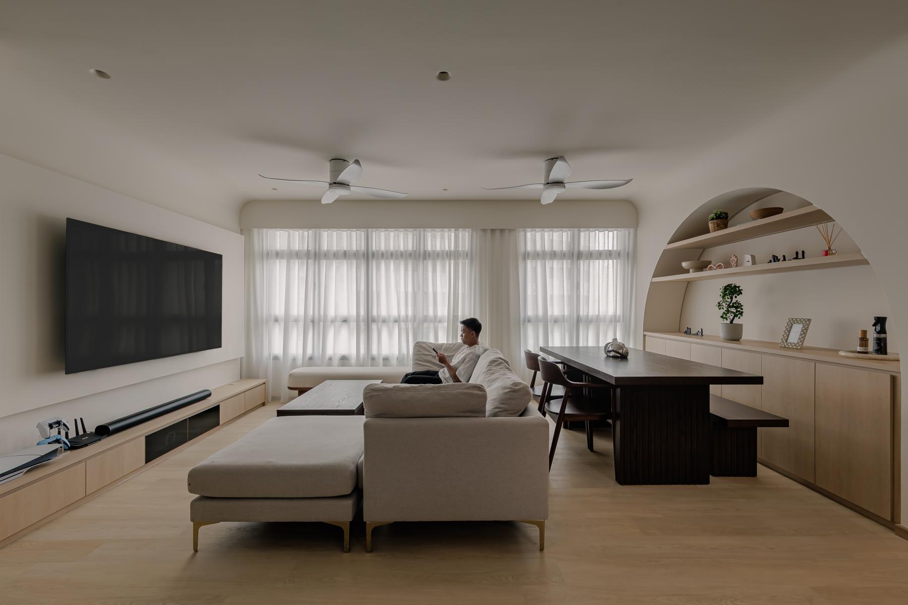 Minimalist Living Room with Bookshelf and Vinyl Flooring
