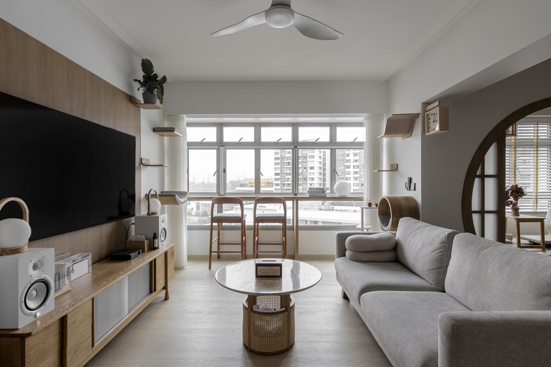 Scandinavian Living Room with Vinyl Flooring and TV Console