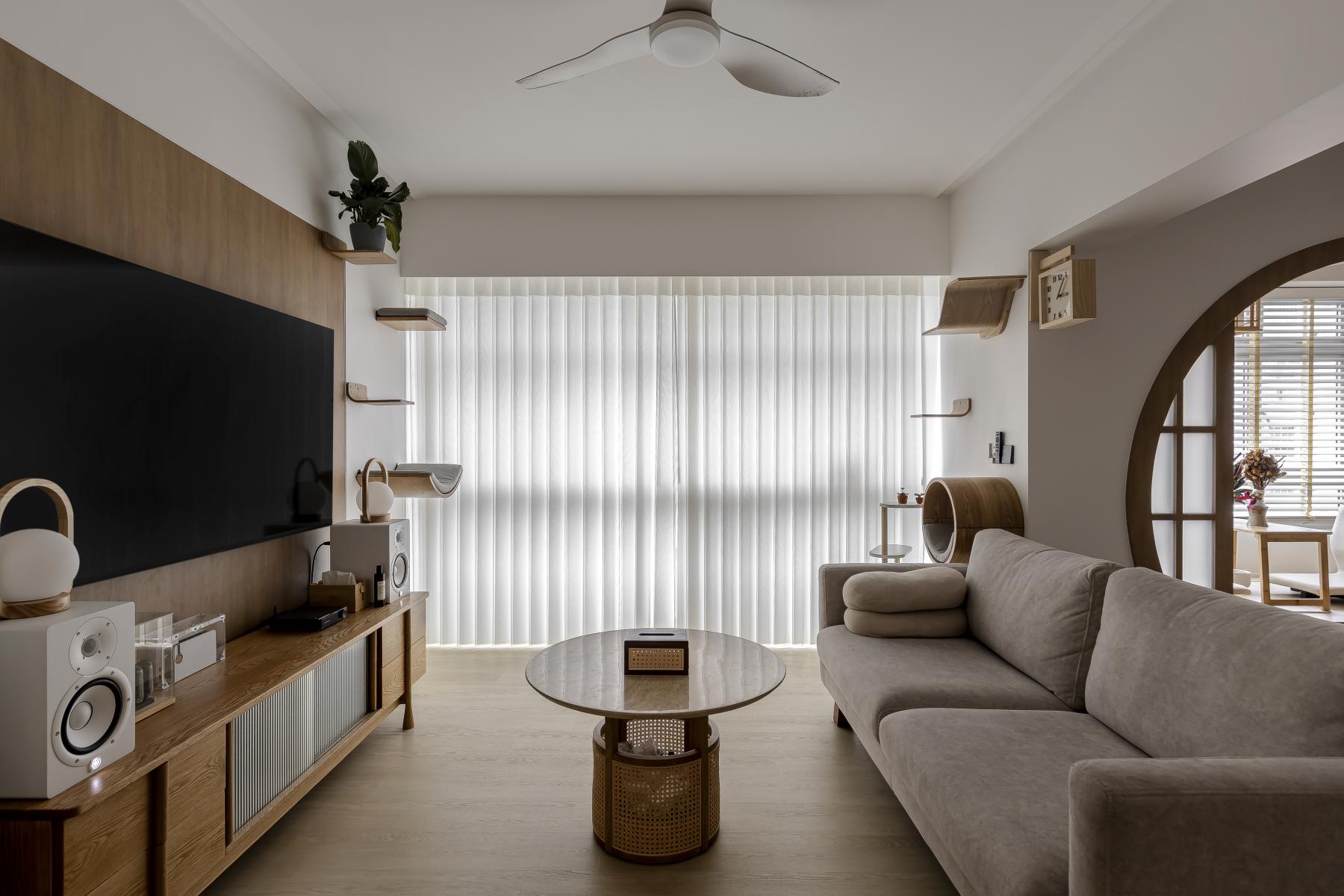 Scandinavian Living Room with Vinyl Flooring and TV Console