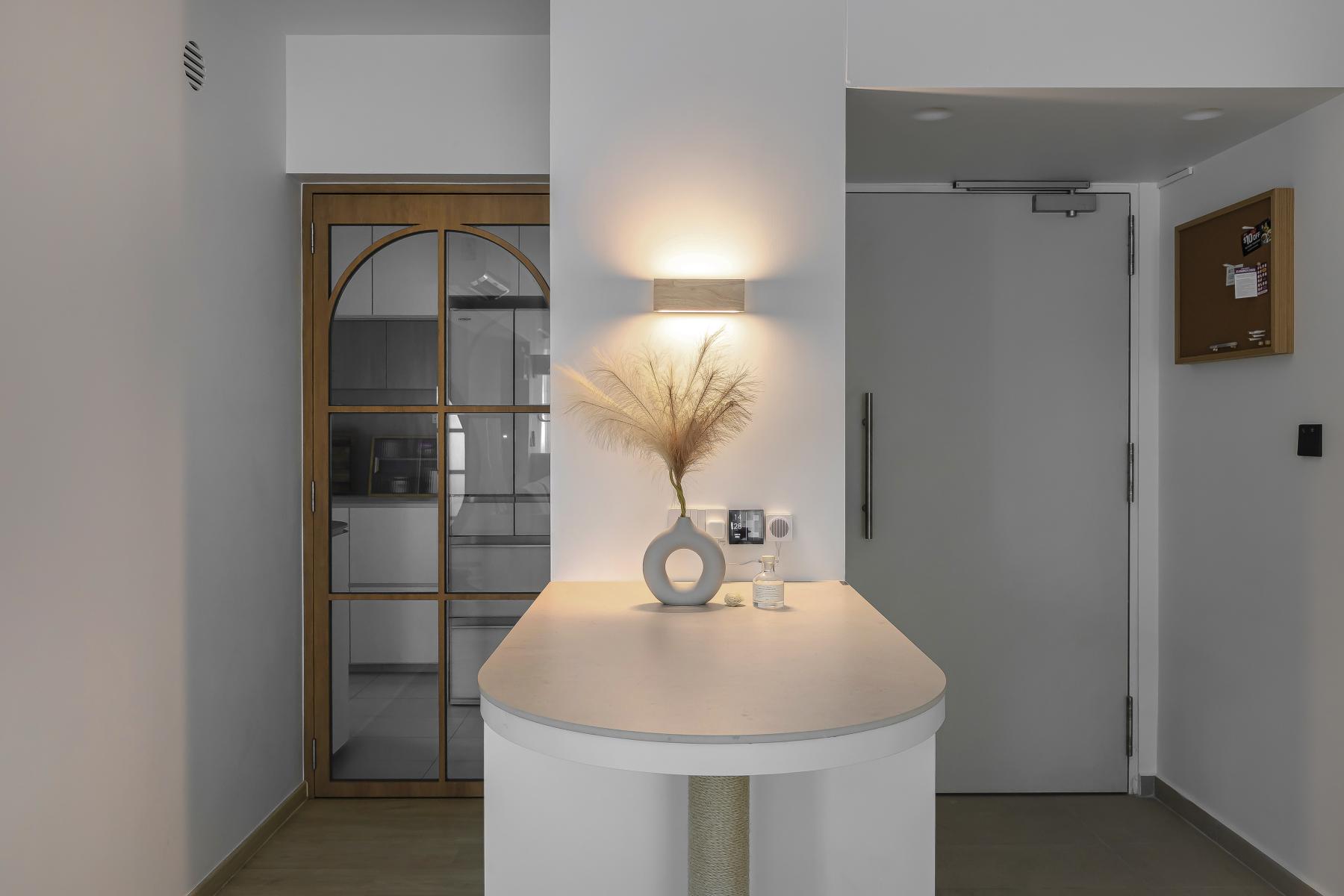 Scandinavian Entryway with Mirror and Kitchen Island