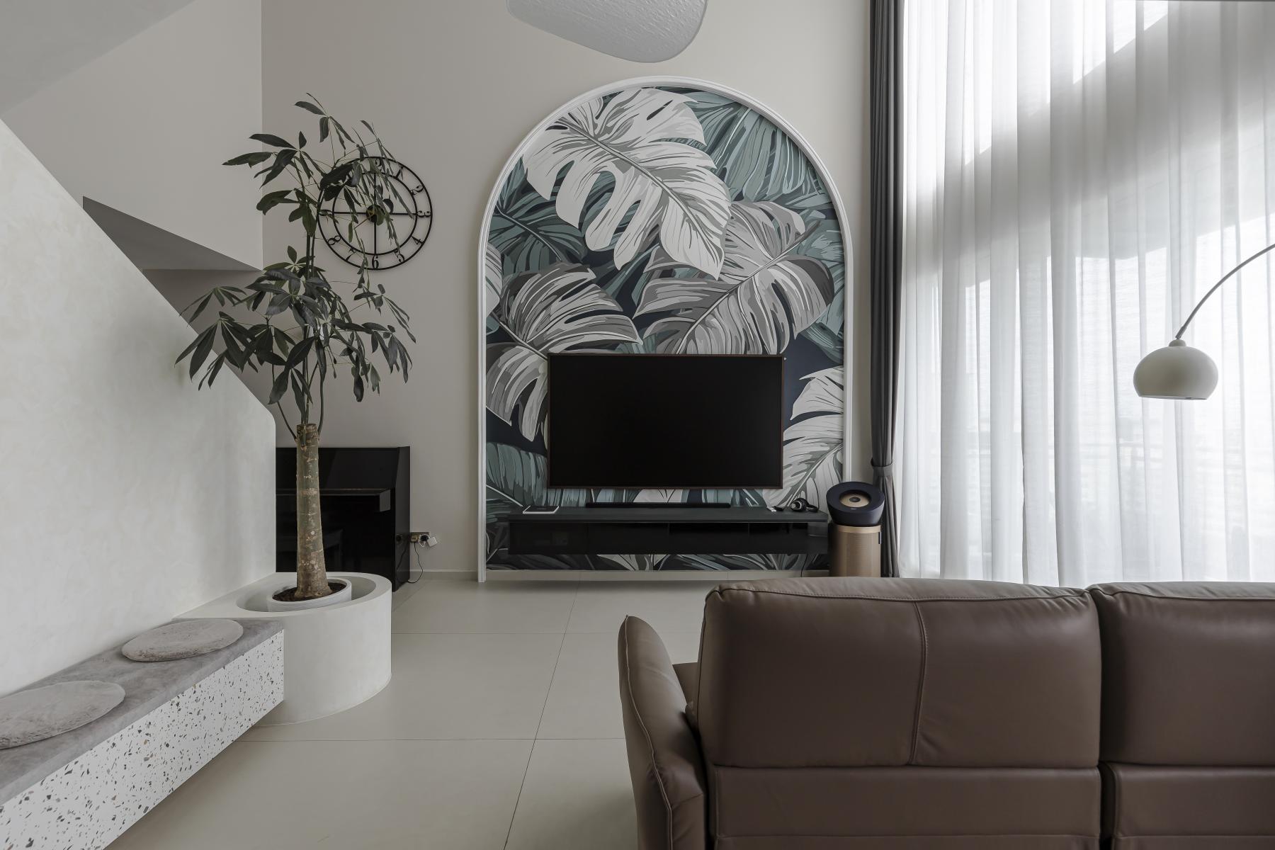 Eclectic Living Room with Homogeneous Tiles and TV Console