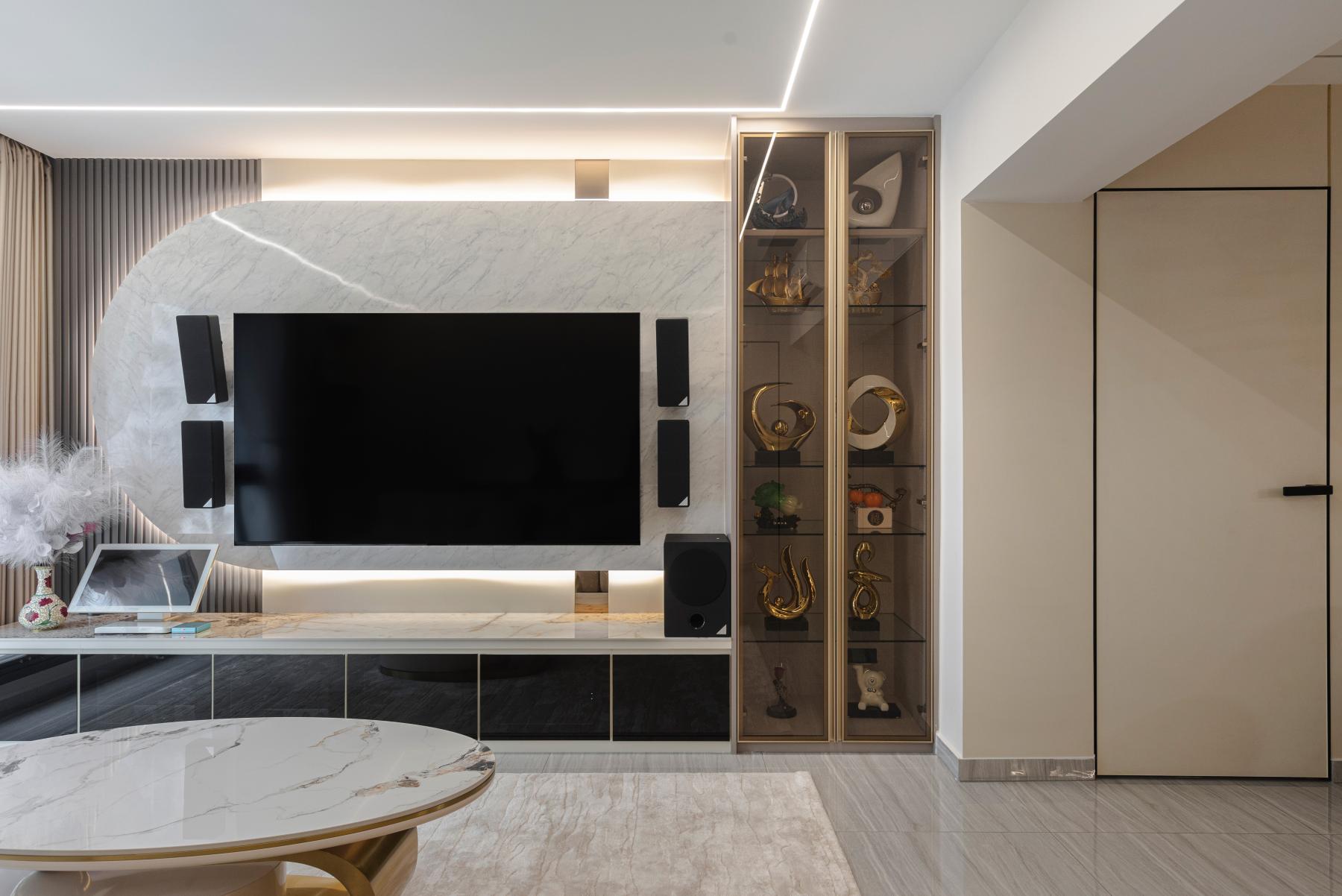 Modern Living Room with Homogeneous Tiles and TV Console
