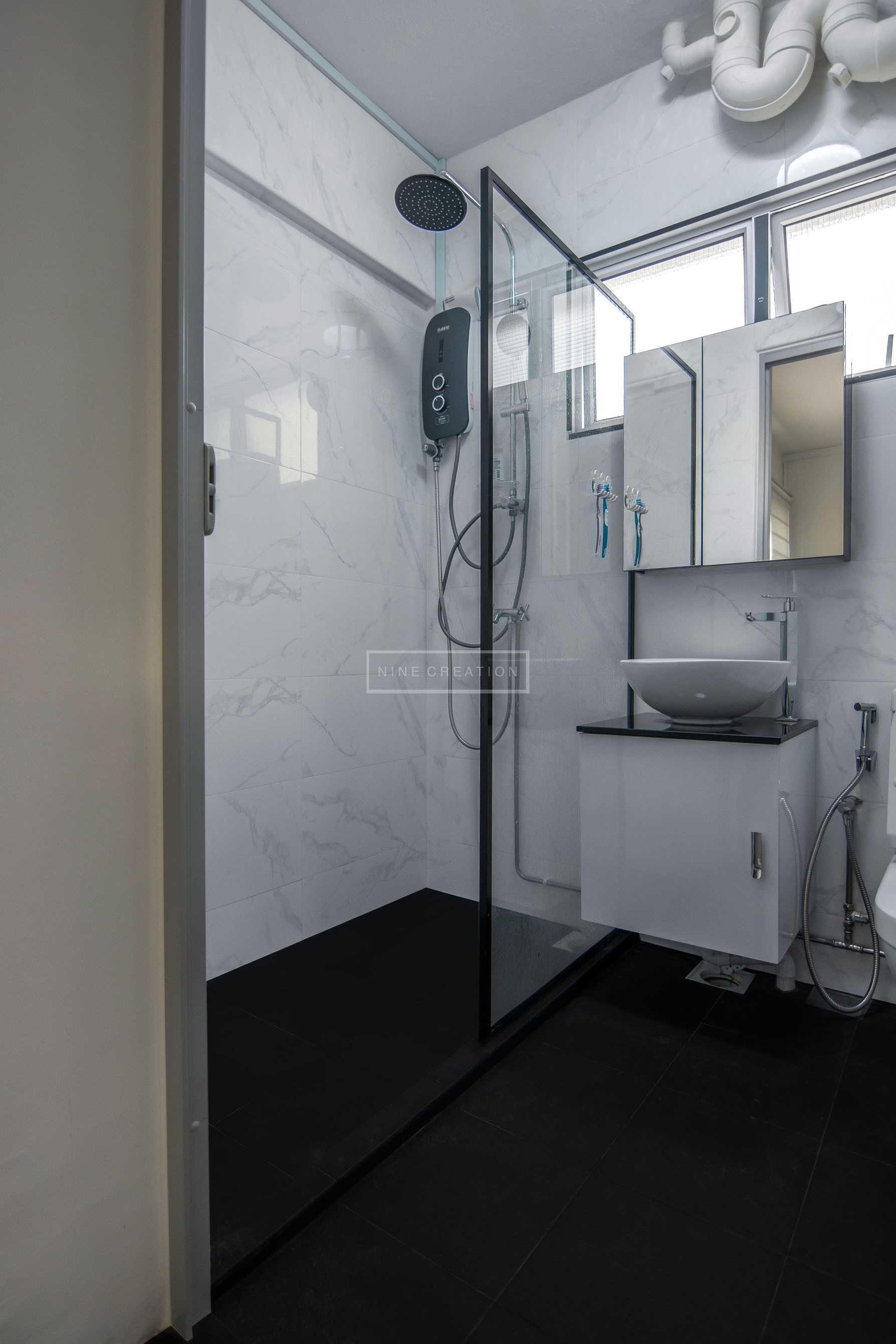 Scandinavian Bathroom with Granite Floor and Rainshower