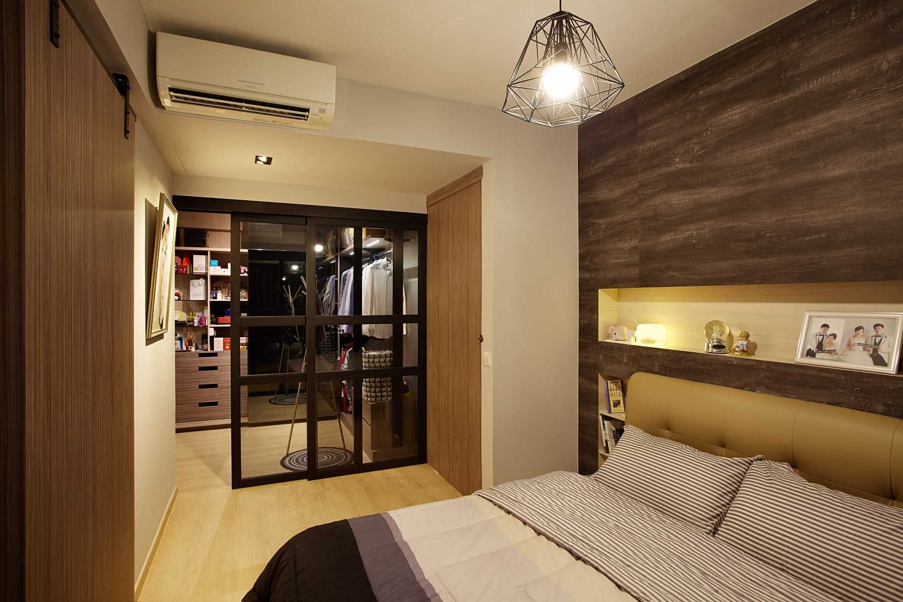 Eclectic Bedroom with Parquet Floor and Feature Wall