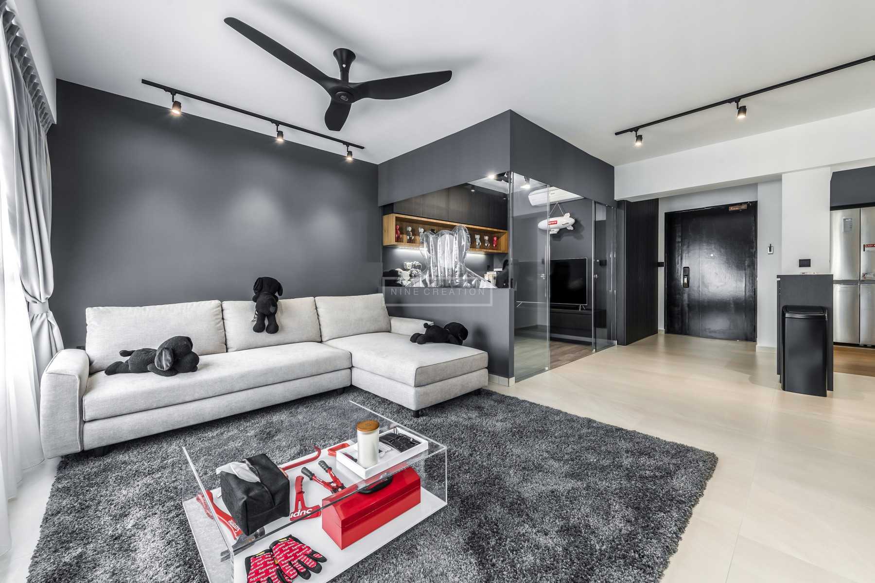 Contemporary Living Room with Homogeneous Tiles and Feature Wall