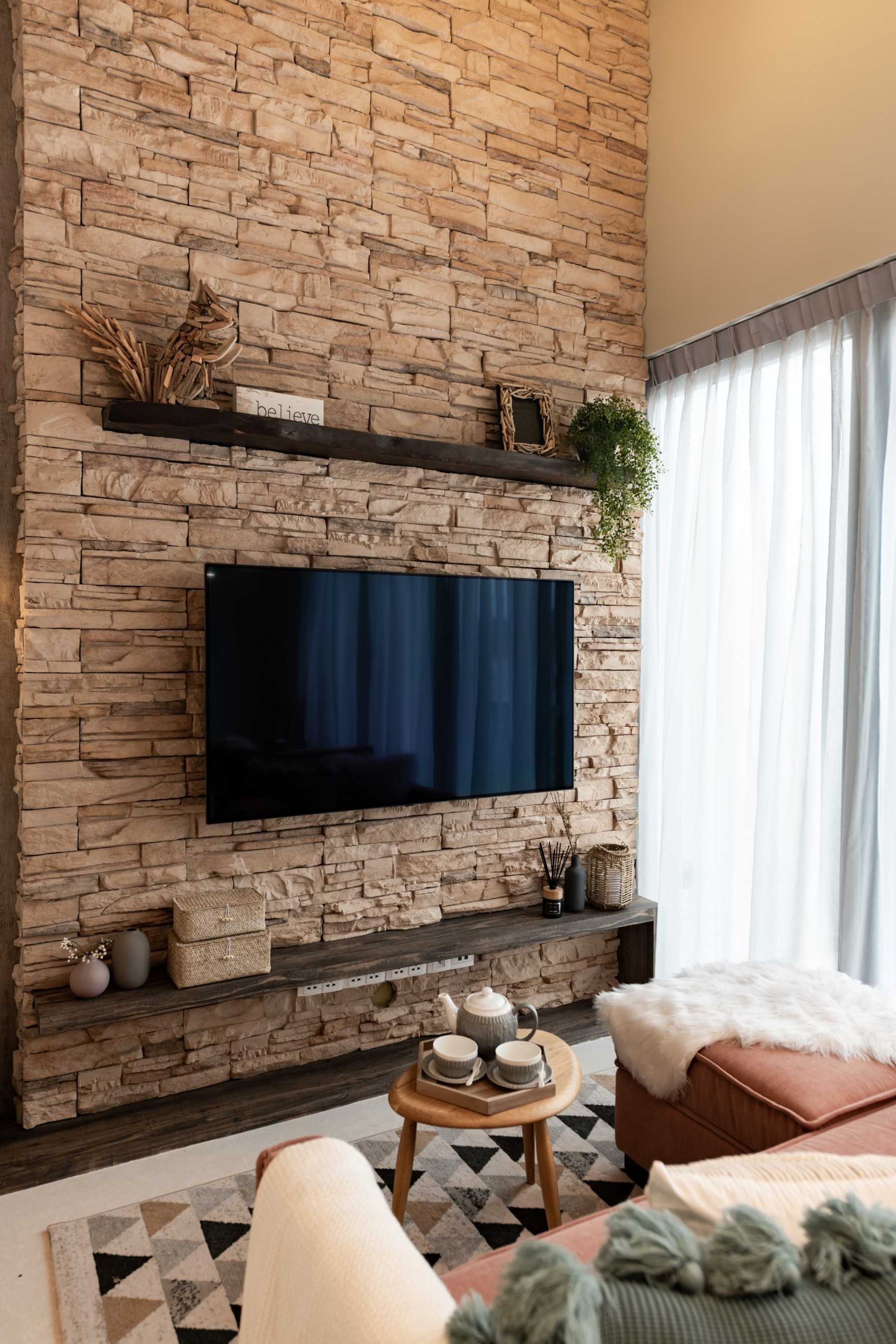 Scandinavian Living Room with TV Console and Feature Wall