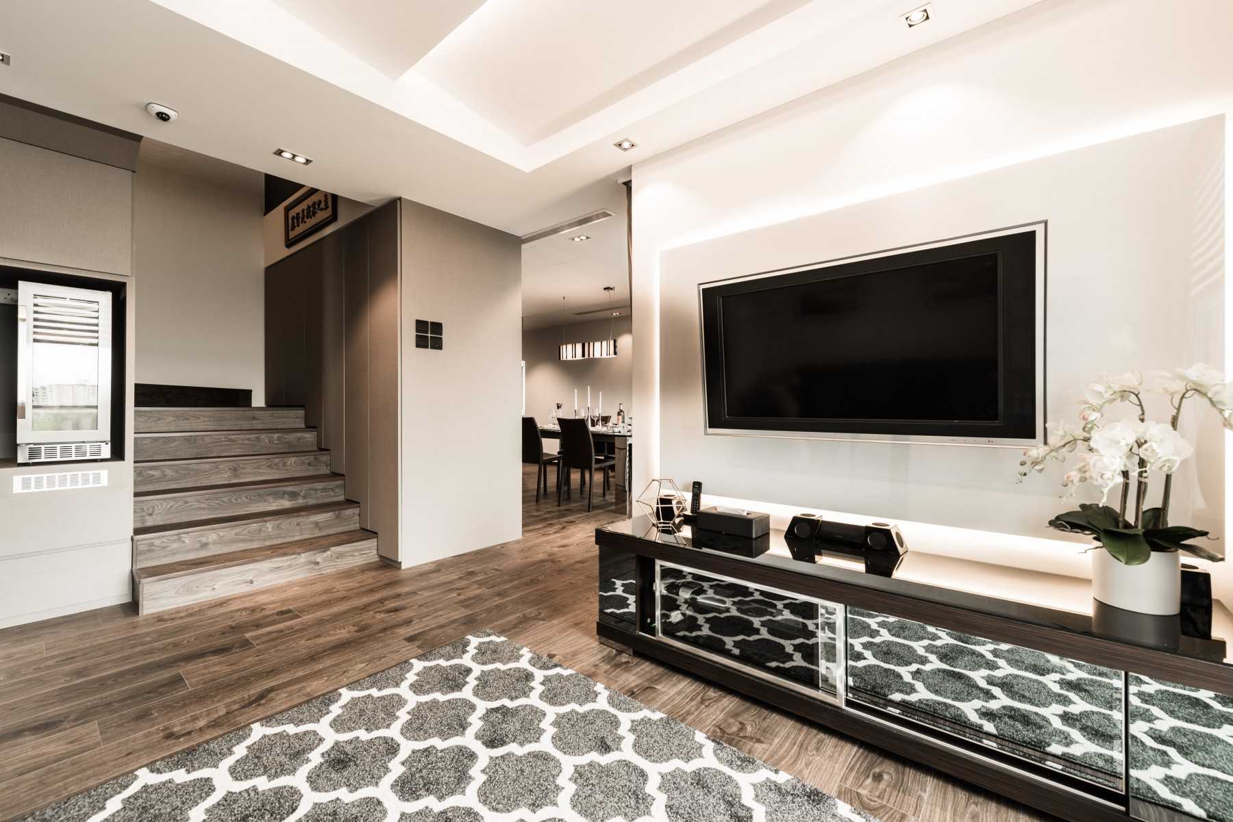 Modern Living Room with TV Console and Mirror