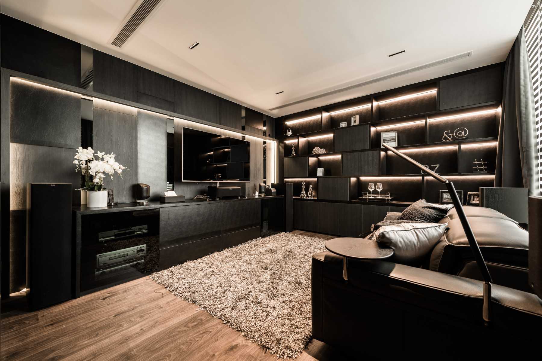 Modern Home Theatre with Bookshelf and TV Console