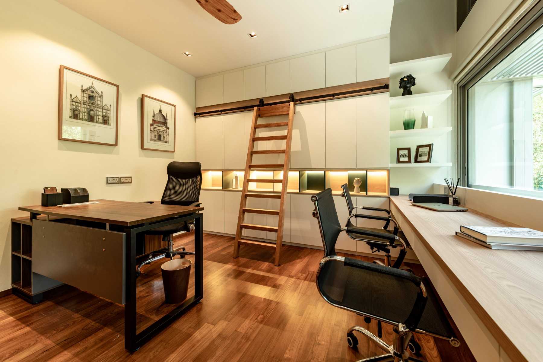 Contemporary Study with Bookshelf and Ceiling Light