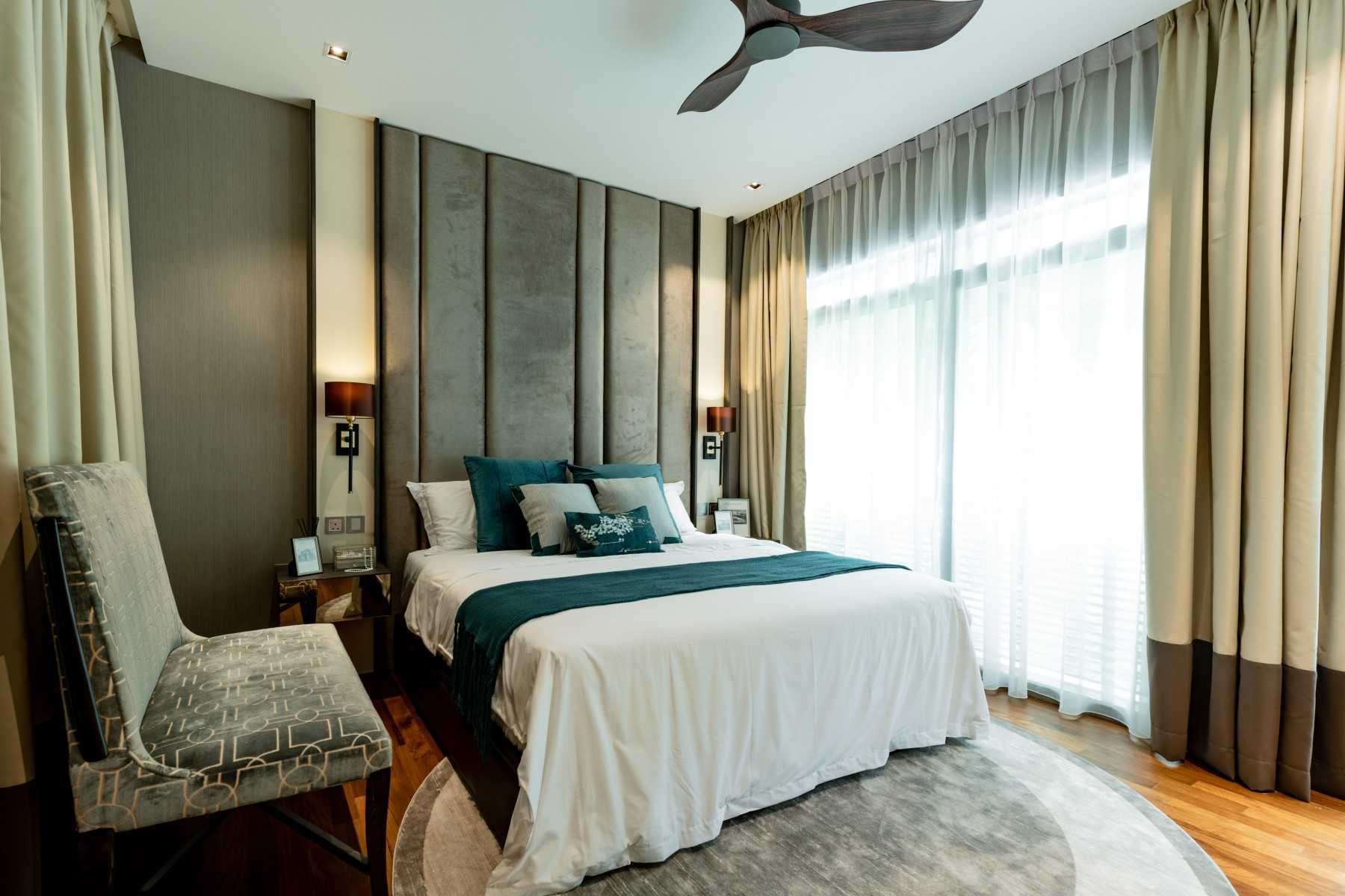 Contemporary Bedroom with Parquet Floor and Cove Lighting