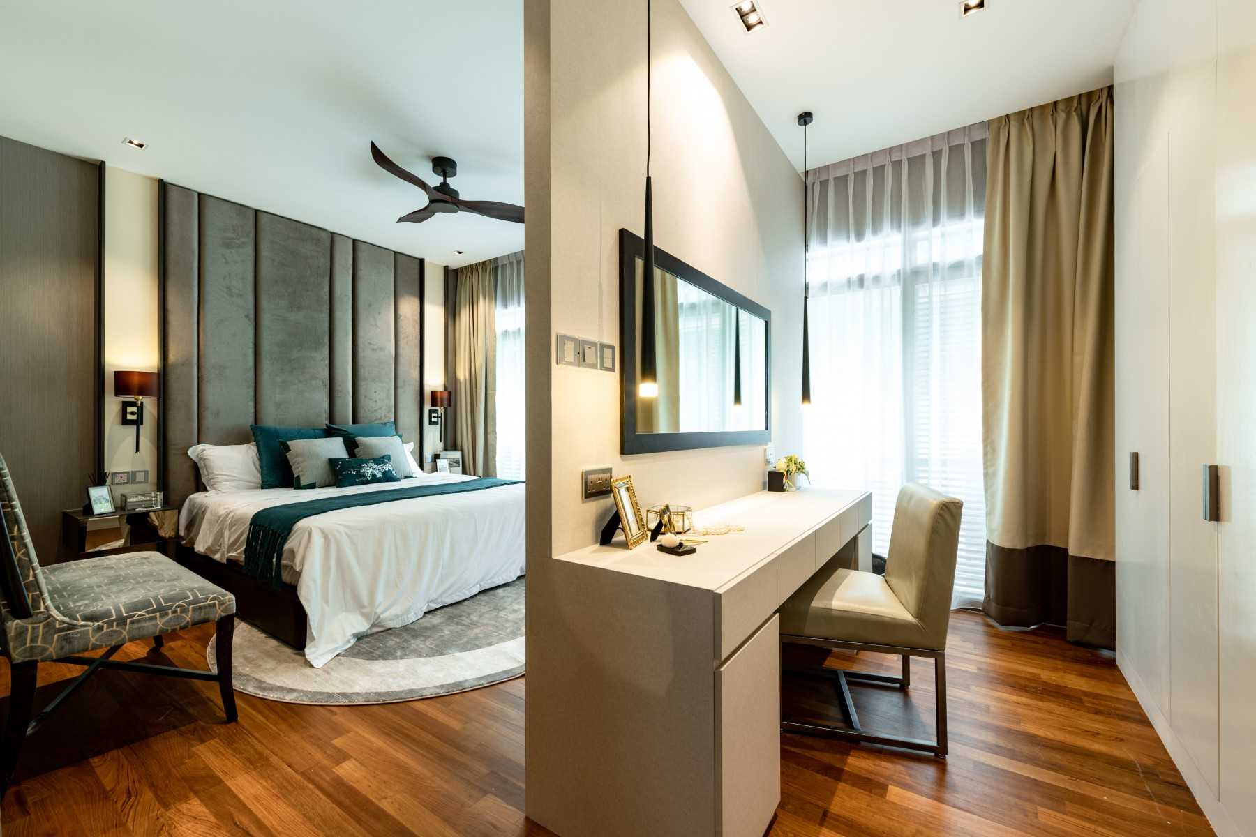 Contemporary Bedroom with Parquet Floor and Bedside Table