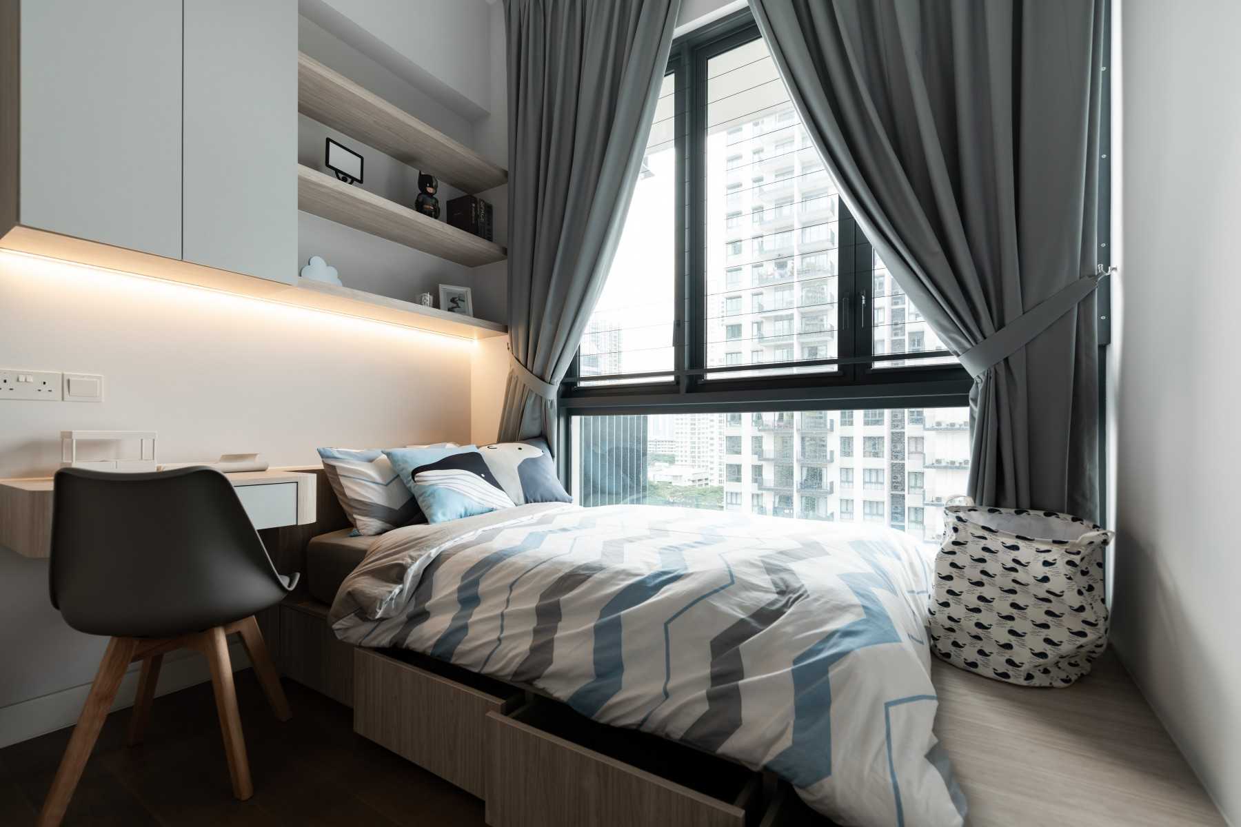 Asian Kids Room with Bookshelf and Platform Bed