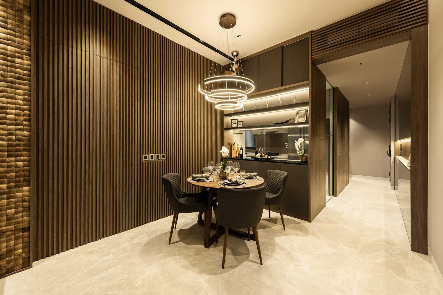 Asian Dining Room with Chandelier and Dining Table