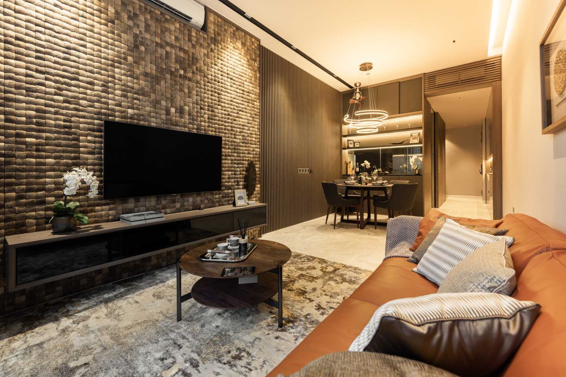 Asian Living Room with Marble Floor and TV Console