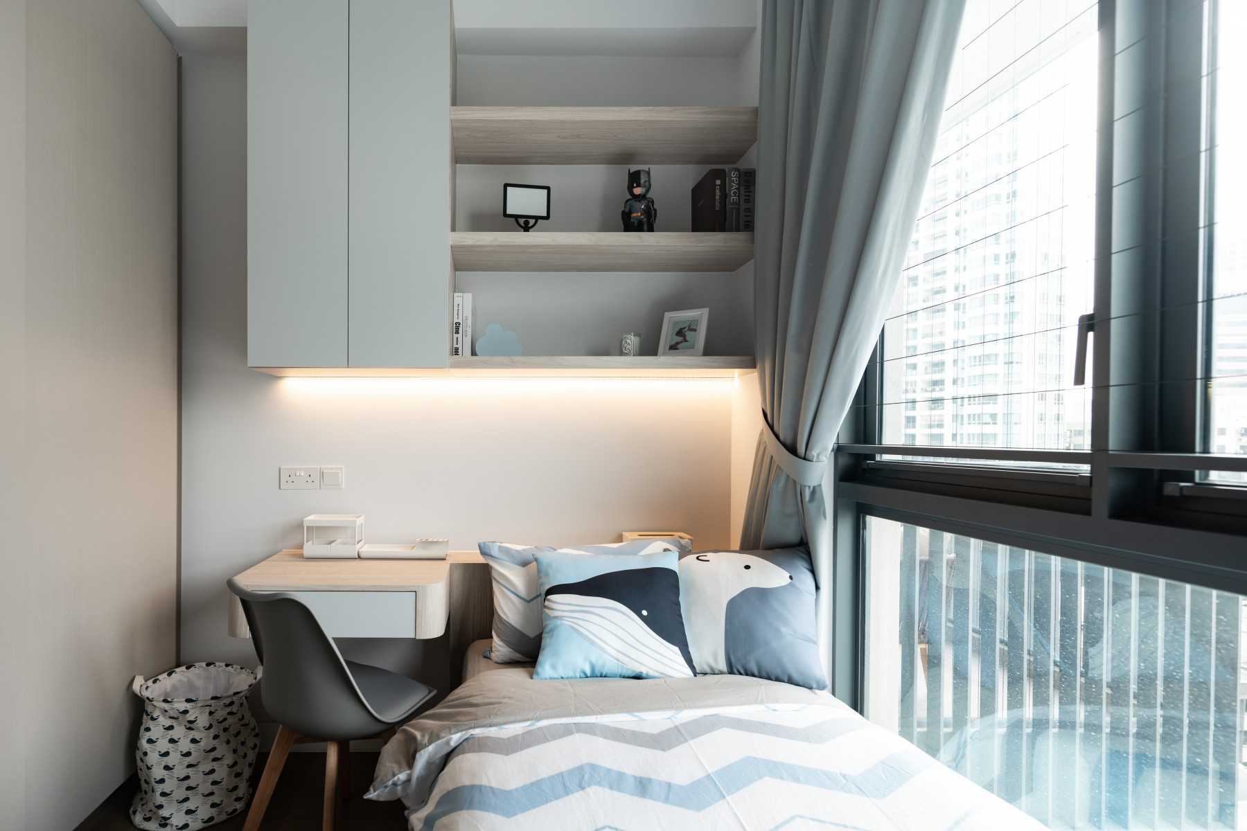 Asian Kids Room with Bookshelf and Platform Bed