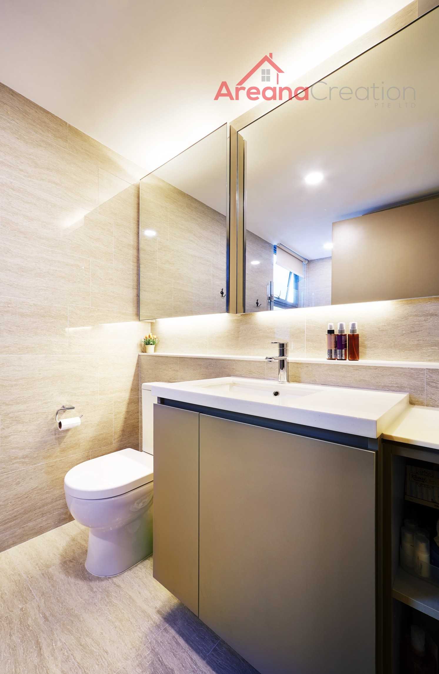 Contemporary Bathroom with Wood Flooring and Mirror