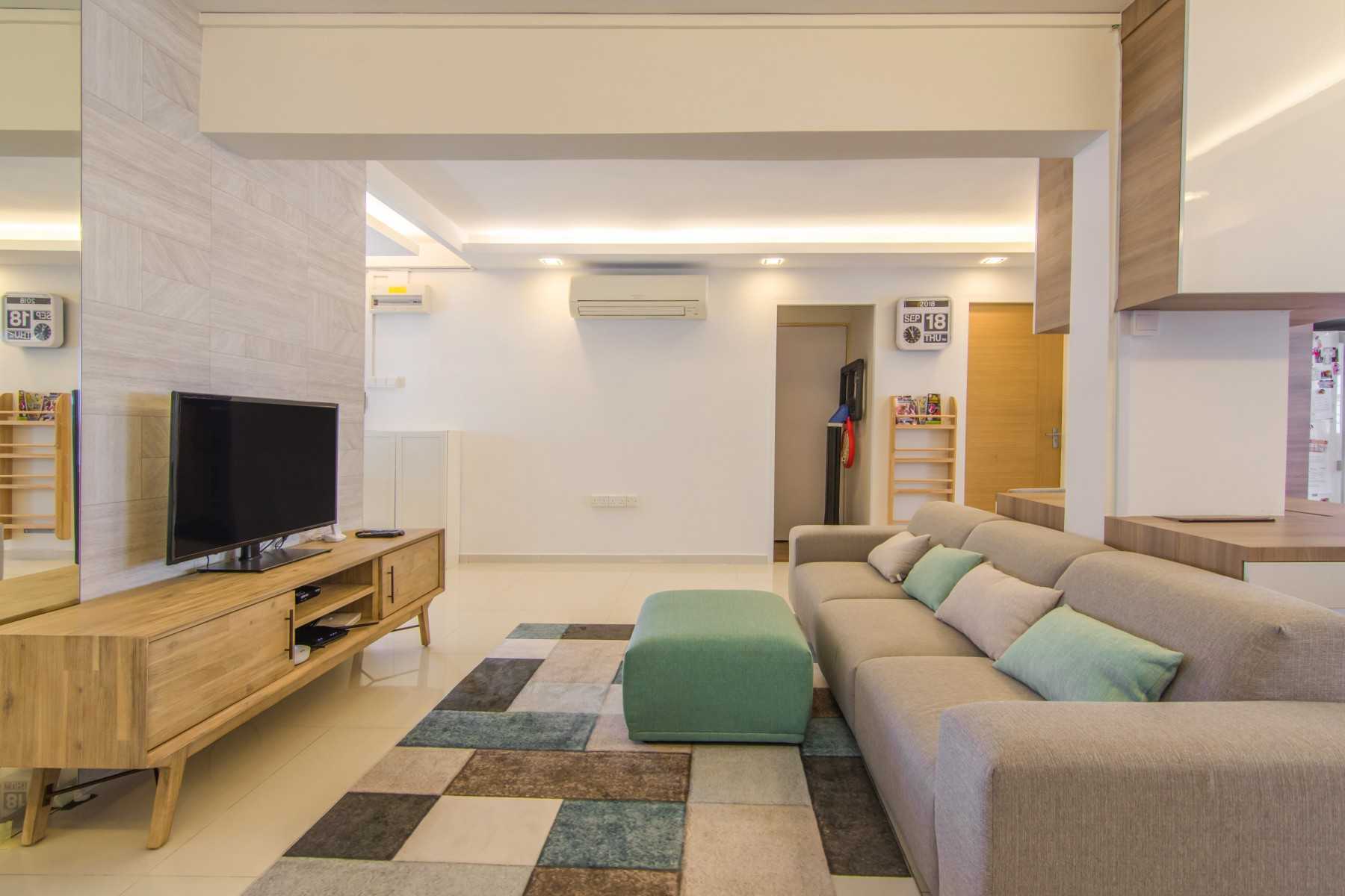 Scandinavian Living Room with Homogeneous Tiles and TV Console