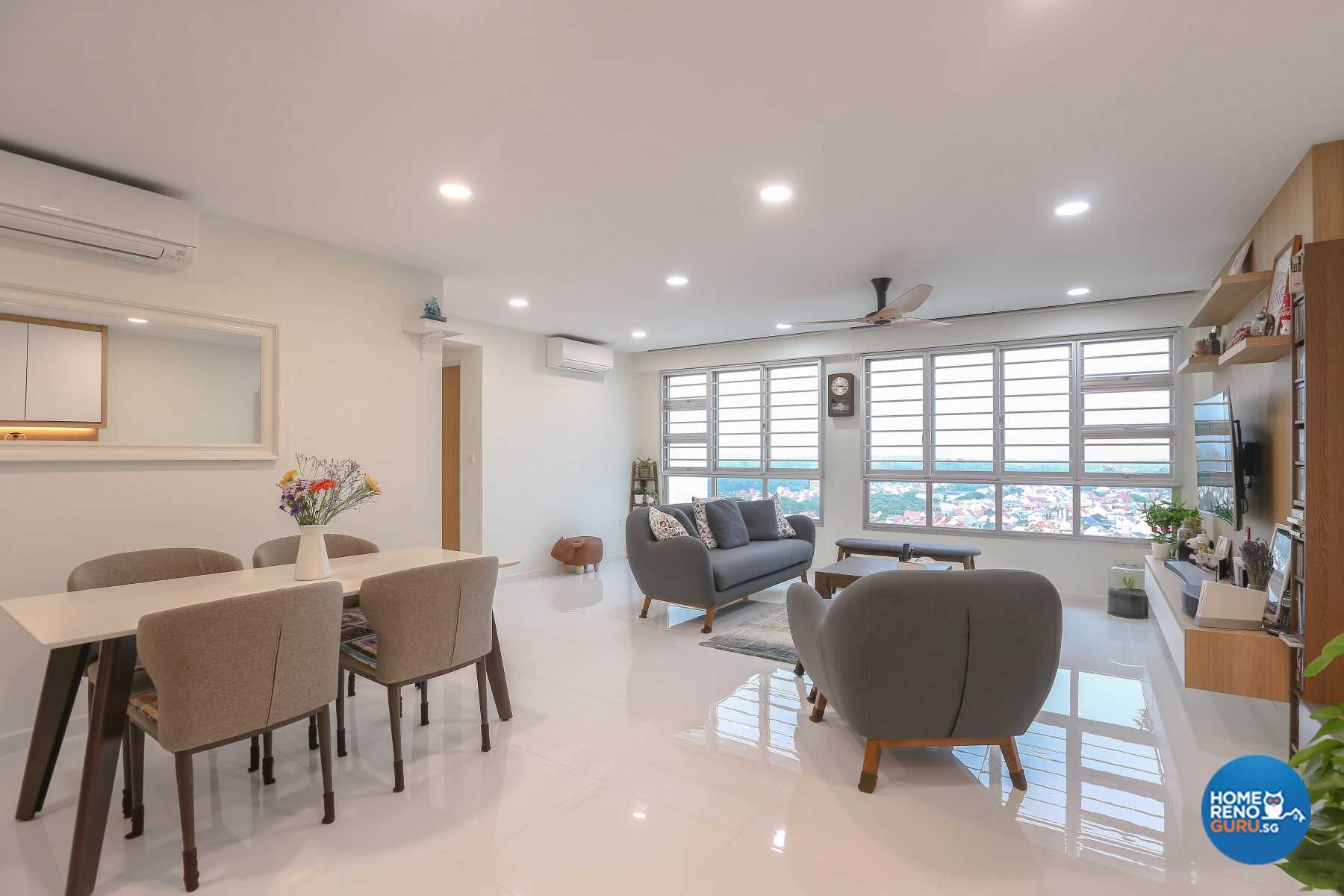 Contemporary Living Room with Herringbone Tiling and TV Console
