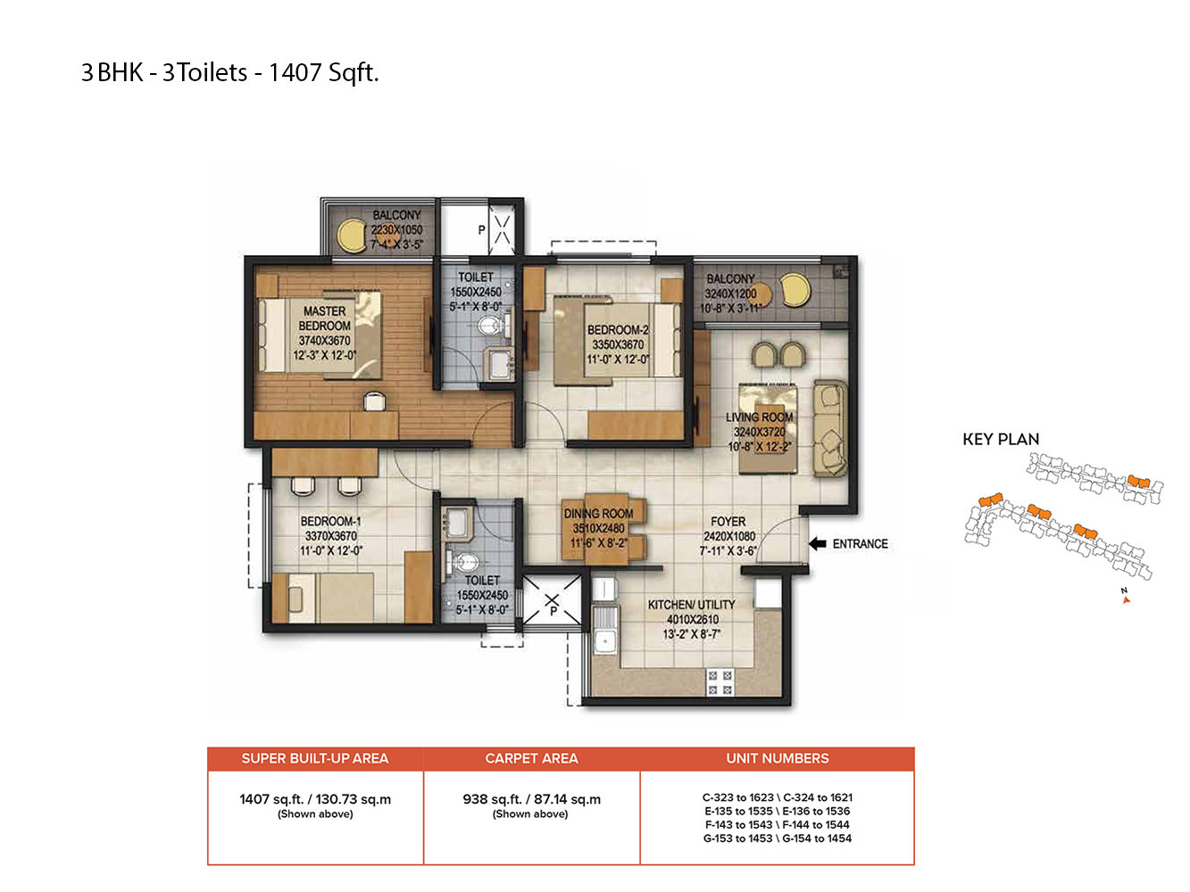 Brigade Panorama 3 BHK + 3 Toilets 1407 Sqft high