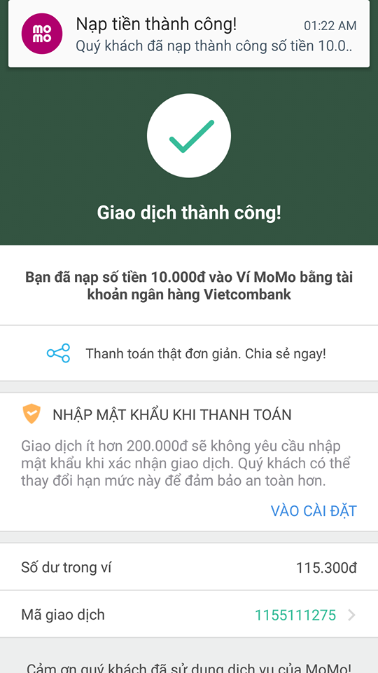 nạp tiền thành công momo