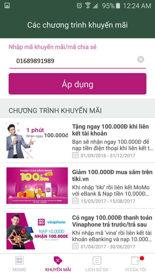 Nhập mã khuyến mãi MoMo