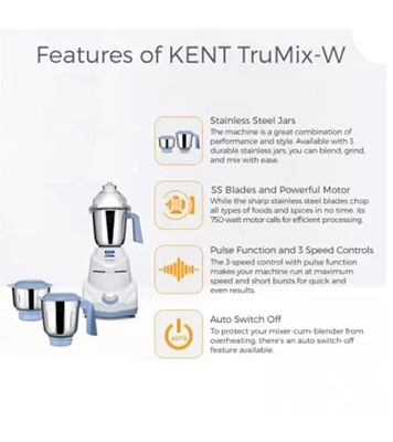 Buy KENT 750W Mixer Grinder 16064 TrueMix 3 Stainless Steel Jar Including Chutney Jar White Online at Best Price