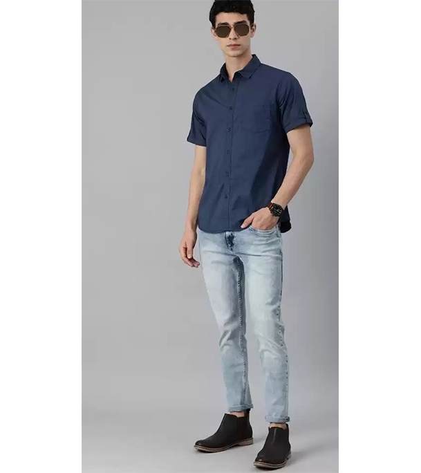 Picture of Men's Fine Cotton Short Sleeve Casual Shirt Navy Blue