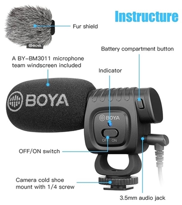 Picture of BOYA BY-BM3011 Camera Microphone, Shotgun Microphone with Shock Mount Foam Deadcat Windscreen Super Cardioid Video Microphone for Camera and Camcorders iPhone Android Smartphones