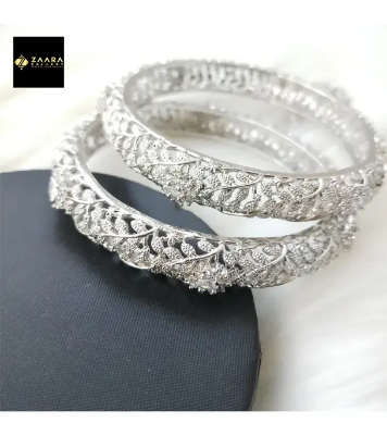 Buy Diamond Cut AD Stone (White) Silver Color Bangles for Women- 2 Pieces at Best Price in Bangladesh