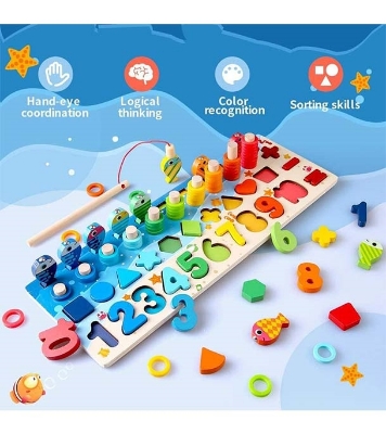 Picture of Wooden Number Puzzle Board Toddler Educational Early Learning Fishing Toys