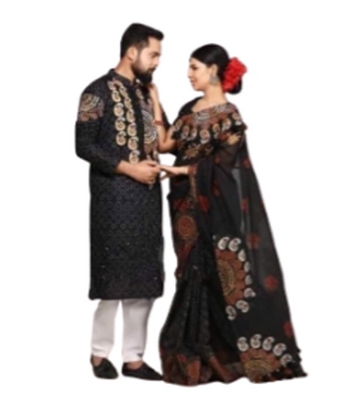 Picture of Block Print Couple Set Sharee with Panjabi