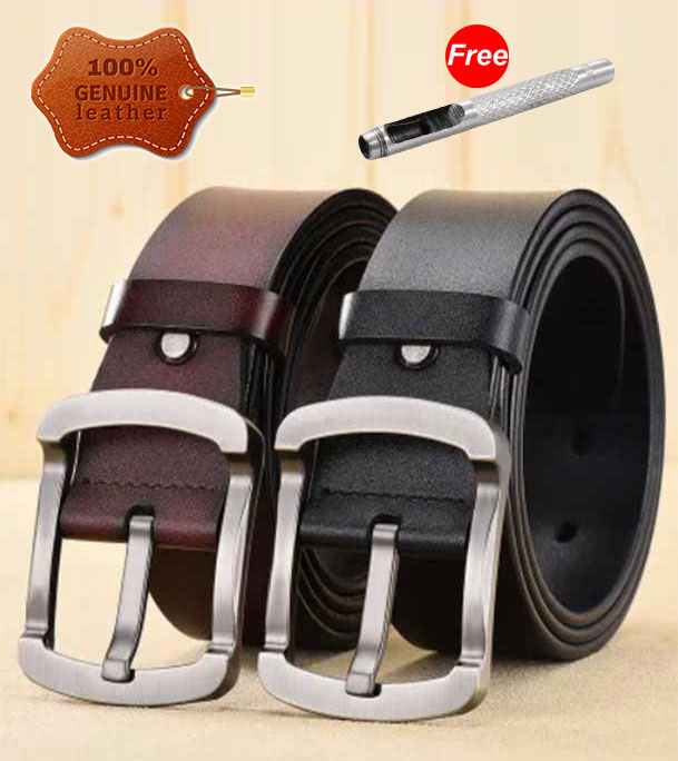 Picture of 2 Pcs Round Style Genuine Leather Belt Combo with Free Punch Machine