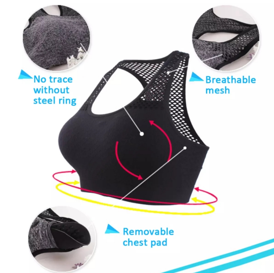 Picture of Women Bra Yoga Bra Mesh Hollow Out Breathable Fitness Shockproof Quick drying on the back For Running Gym Push Up Air Bra Grey