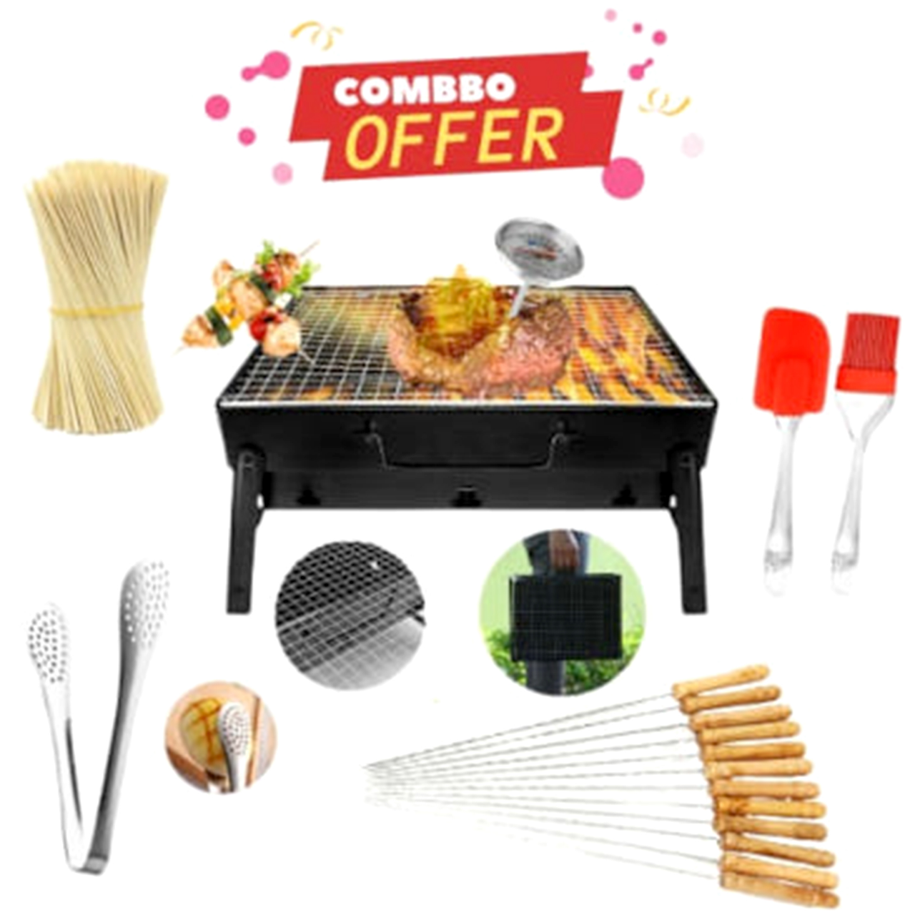 Picture of 5-In-1 Combo Offer BBQ Machine+12 Pieces BBQ Stick+2 Pieces Silicone Oil Brush+Steel Food Clip+Bamboo Shashlik Stick 8 inch 1 Pack