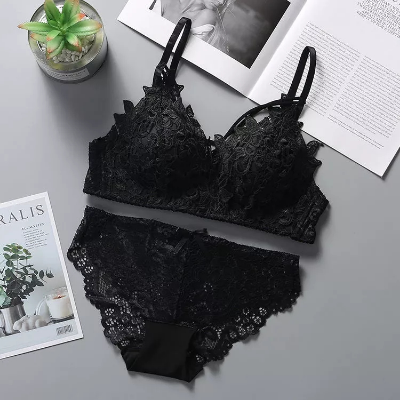 Picture of Underwear set for women bra and panty set flower design bra panty set Black