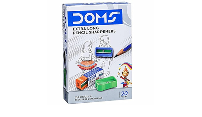 Picture of Doms Non-Toxic Extra Long Pencil Sharpener Box Pack for Smooth & Breakless Sharpening Playful Body Colors Pack of 20 Pieces