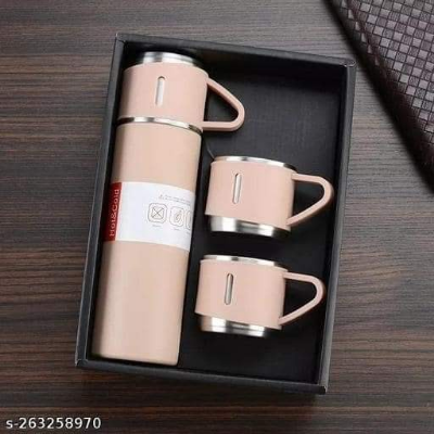 Buy Steel Vacuum Flask Set with 3 Steel Cups Combo-500ml Double-Layer Stainless Steel - Black at Best Price In Bangladesh