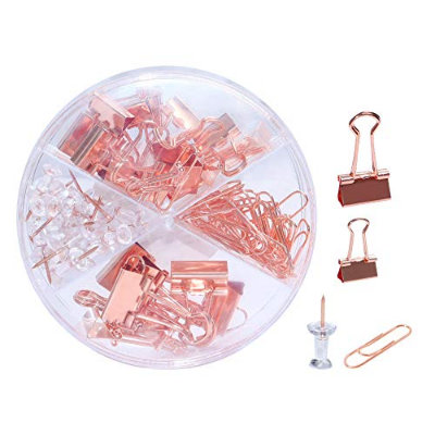Picture of Rose Gold Dovetail Binder Clip & Push Pins & Paper Clips Set with Clear Box Desk Orgnizer for Office, School and Home