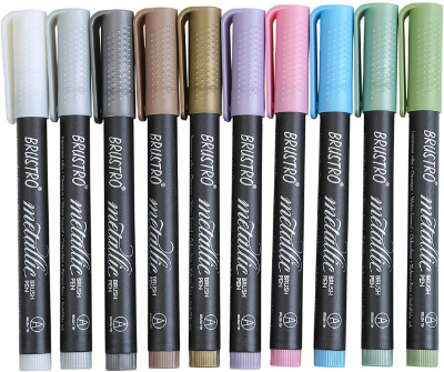 Picture of BRUSTRO Metallic Brush Pens - Soft Brush Tip for Calligraphy, Hand Lettering, Colouring, Scrapbooking, Card Making - Set of 10 Colors.