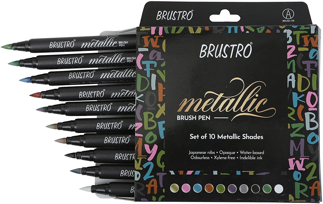 Picture of BRUSTRO Metallic Brush Pens - Soft Brush Tip for Calligraphy, Hand Lettering, Colouring, Scrapbooking, Card Making - Set of 10 Colors.